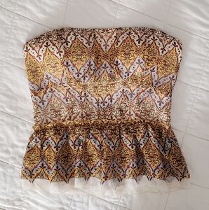 Bebe Smocked Peplum Bandeau Strapless Top Tulle Sheer Ruffle Medium Gold Yellow